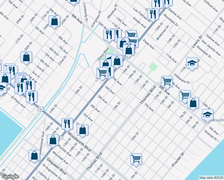 map of restaurants, bars, coffee shops, grocery stores, and more near 3400 15th Street in Port Arthur