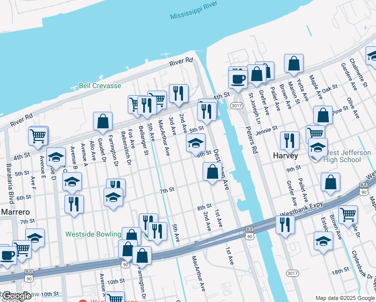 map of restaurants, bars, coffee shops, grocery stores, and more near 542 2nd Avenue in Harvey