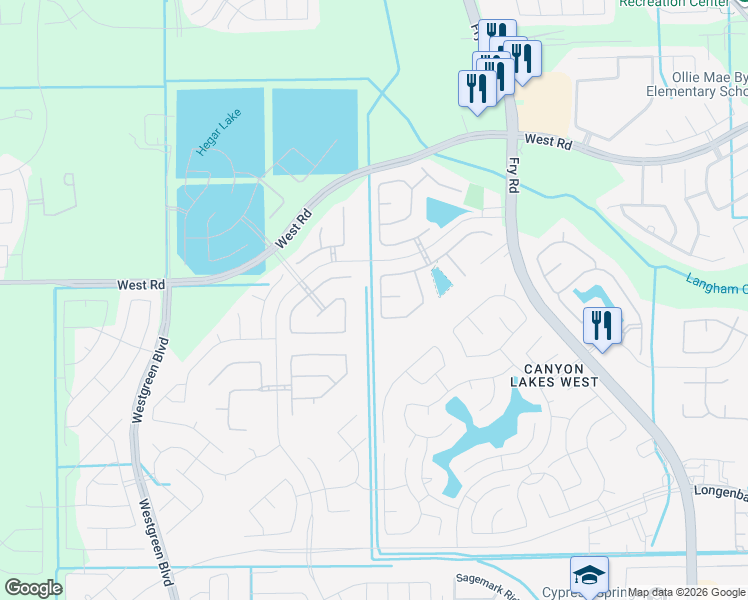 map of restaurants, bars, coffee shops, grocery stores, and more near 20710 Feron Lane in Cypress