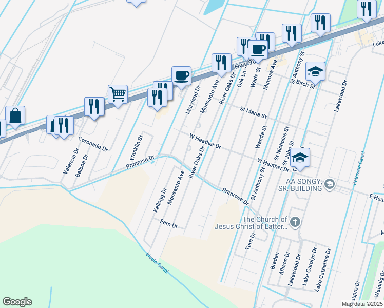 map of restaurants, bars, coffee shops, grocery stores, and more near 313 Monsanto Avenue in Luling