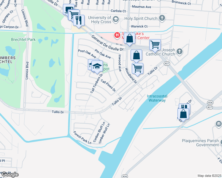 map of restaurants, bars, coffee shops, grocery stores, and more near 3917 Tall Pines Drive in New Orleans