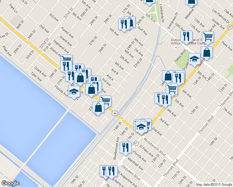 map of restaurants, bars, coffee shops, grocery stores, and more near 2231 3rd Avenue in Port Arthur