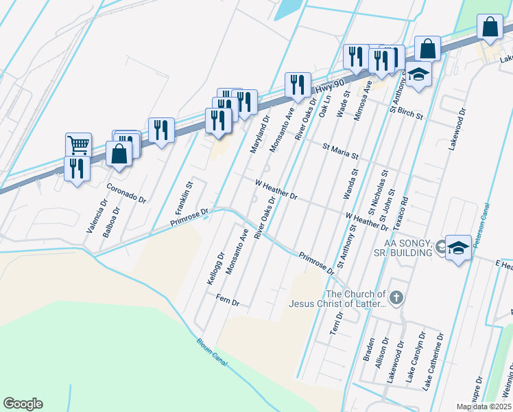 map of restaurants, bars, coffee shops, grocery stores, and more near 313 Monsanto Avenue in Luling