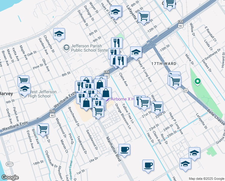 map of restaurants, bars, coffee shops, grocery stores, and more near 1100 Crape Myrtle Lane in Harvey