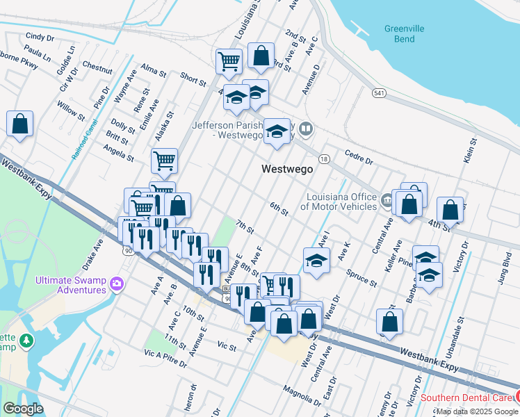 map of restaurants, bars, coffee shops, grocery stores, and more near 716 Avenue E in Westwego