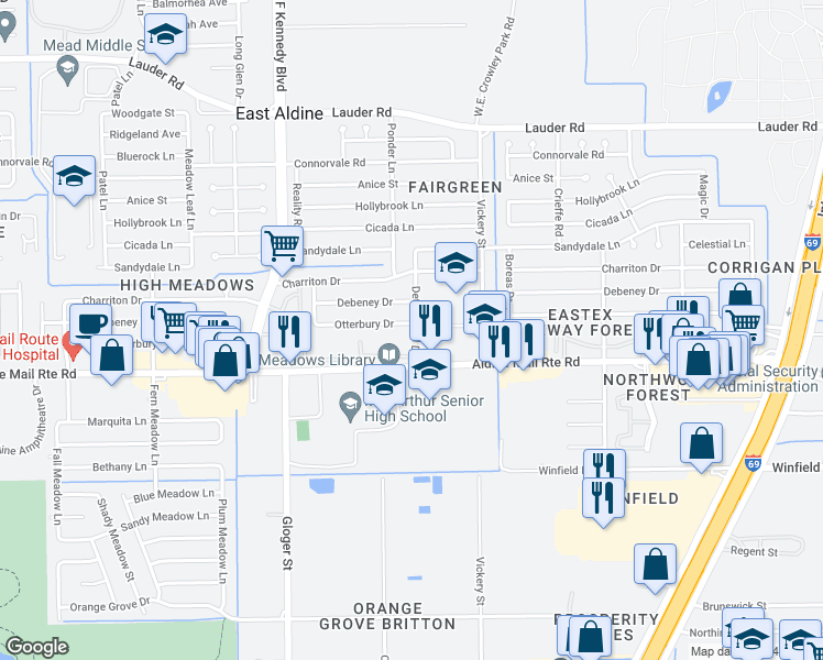 map of restaurants, bars, coffee shops, grocery stores, and more near 4538 Otterbury Drive in Houston