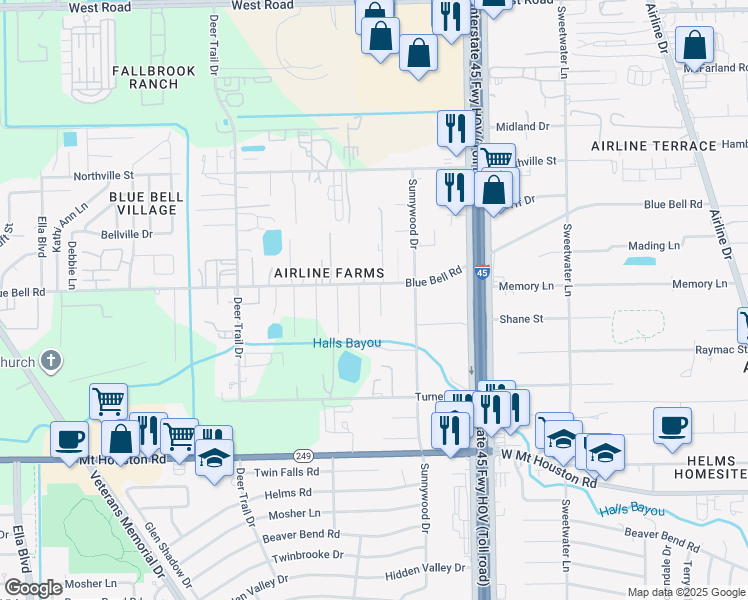 map of restaurants, bars, coffee shops, grocery stores, and more near 9618 Marek Drive in Houston