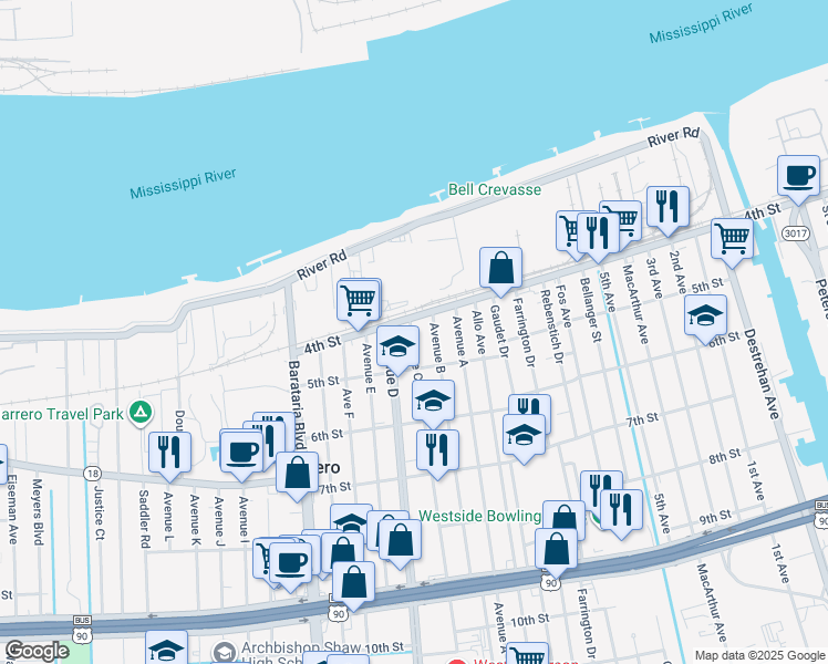map of restaurants, bars, coffee shops, grocery stores, and more near 401 Avenue C in Marrero