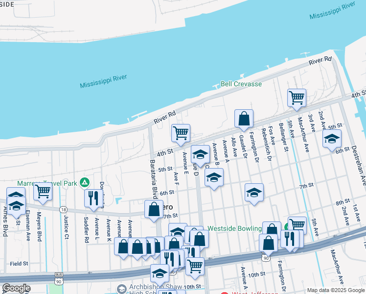 map of restaurants, bars, coffee shops, grocery stores, and more near 4602 4th Street in Marrero