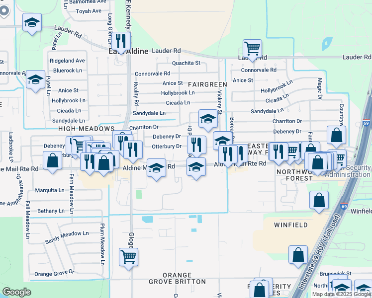 map of restaurants, bars, coffee shops, grocery stores, and more near 4538 Otterbury Drive in Houston