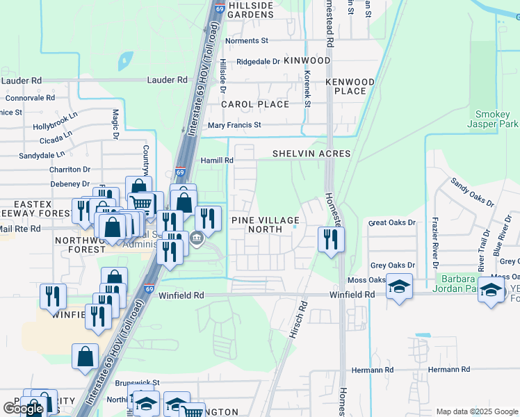 map of restaurants, bars, coffee shops, grocery stores, and more near 12324 West Village Drive in Houston