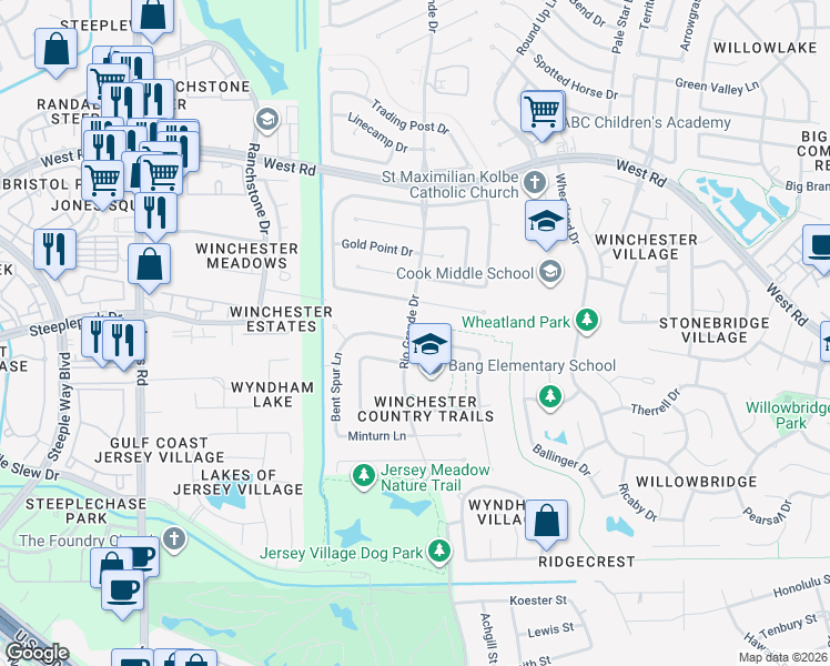 map of restaurants, bars, coffee shops, grocery stores, and more near 10326 Dude Road in Houston
