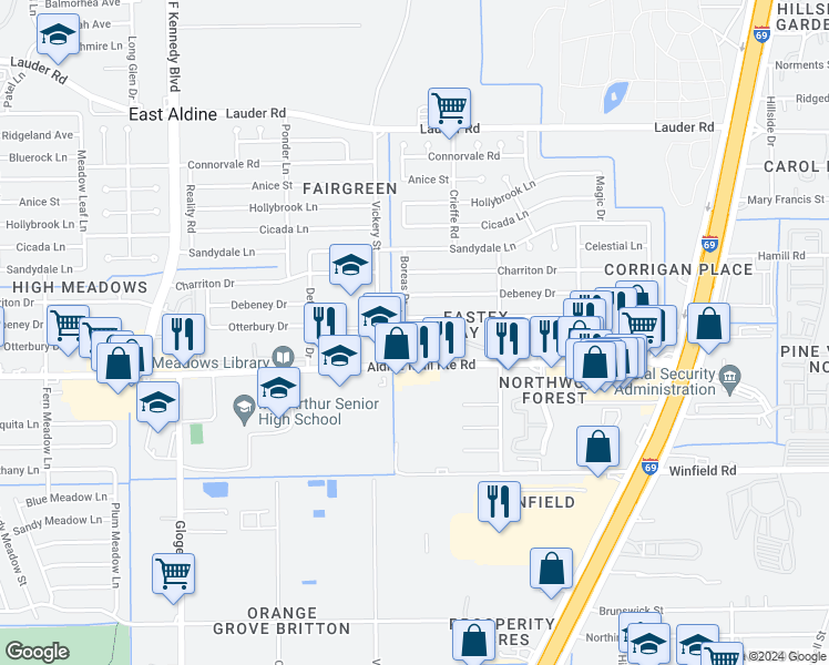 map of restaurants, bars, coffee shops, grocery stores, and more near 12302 Boreas Drive in Houston