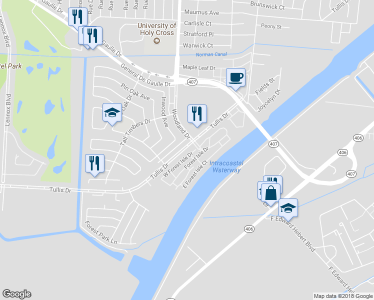 map of restaurants, bars, coffee shops, grocery stores, and more near 5845 Tullis Drive in New Orleans