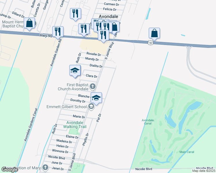 map of restaurants, bars, coffee shops, grocery stores, and more near 5109 Blanche Drive in Avondale