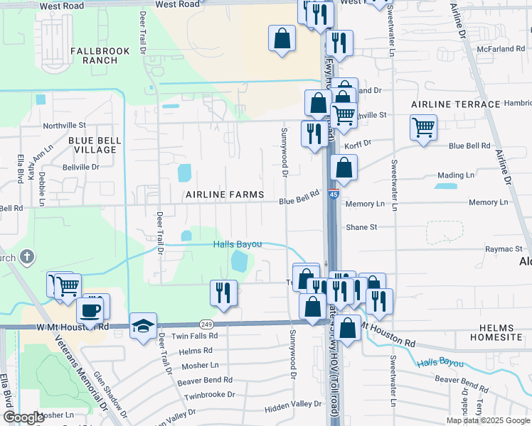 map of restaurants, bars, coffee shops, grocery stores, and more near 9618 Marek Drive in Houston