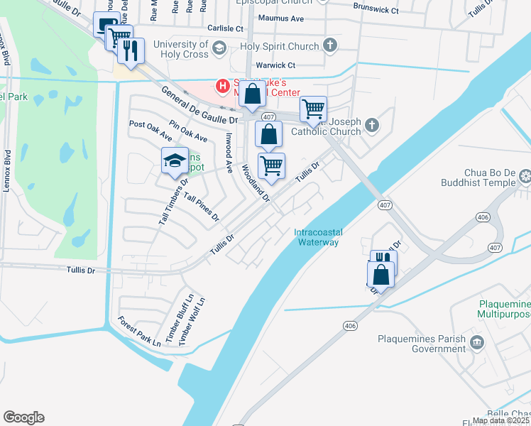 map of restaurants, bars, coffee shops, grocery stores, and more near 5845 Tullis Drive in New Orleans
