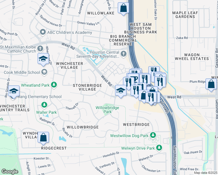 map of restaurants, bars, coffee shops, grocery stores, and more near 9211 State Walk Circle in Houston