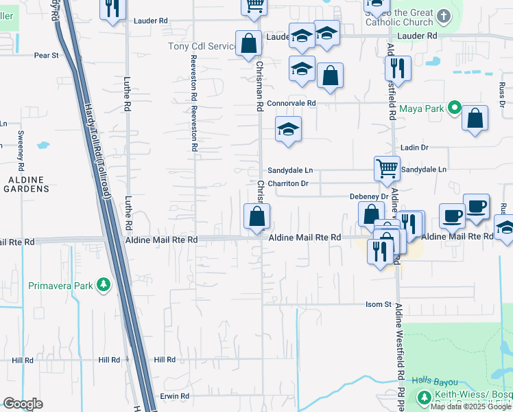 map of restaurants, bars, coffee shops, grocery stores, and more near 13201 Chrisman Road in Houston
