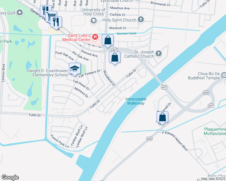 map of restaurants, bars, coffee shops, grocery stores, and more near 5845 Tullis Drive in New Orleans