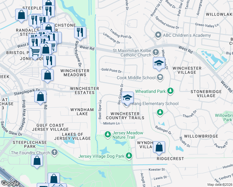 map of restaurants, bars, coffee shops, grocery stores, and more near 10326 Dude Road in Houston