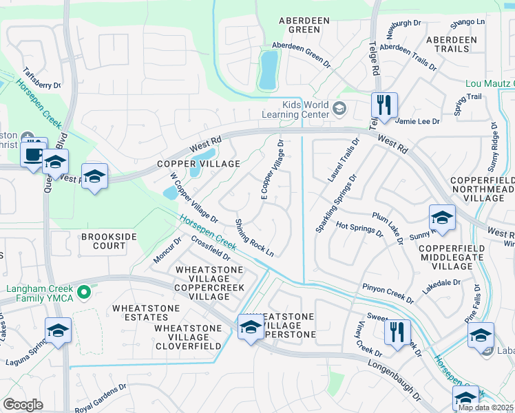 map of restaurants, bars, coffee shops, grocery stores, and more near 8411 East Copper Village Drive in Houston