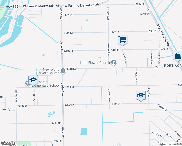 map of restaurants, bars, coffee shops, grocery stores, and more near 2688 63rd Street in Port Arthur