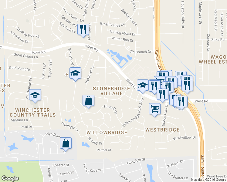 map of restaurants, bars, coffee shops, grocery stores, and more near 9414 Stone Porch Lane in Houston