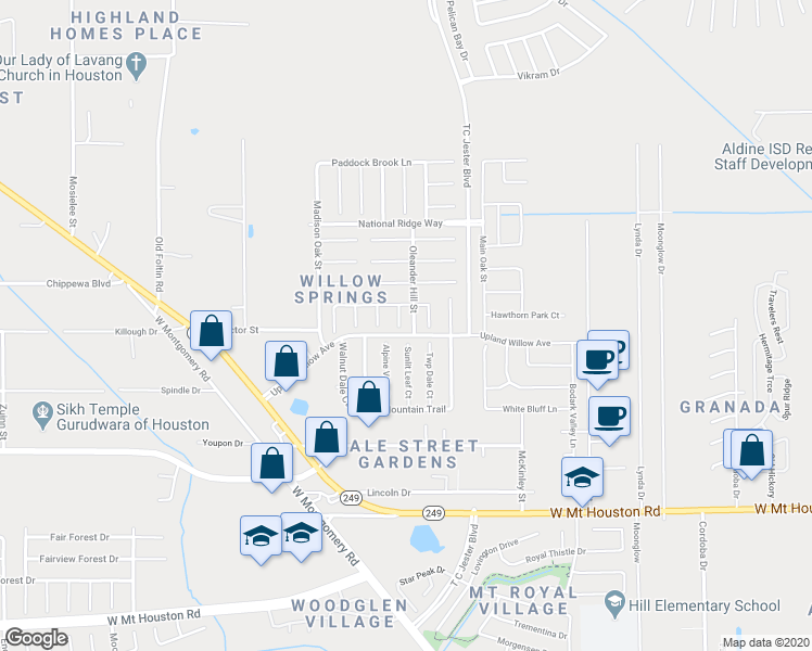 map of restaurants, bars, coffee shops, grocery stores, and more near 11706 Petal Court in Houston