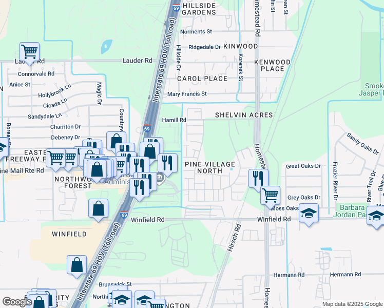 map of restaurants, bars, coffee shops, grocery stores, and more near 12311 West Village Drive in Houston