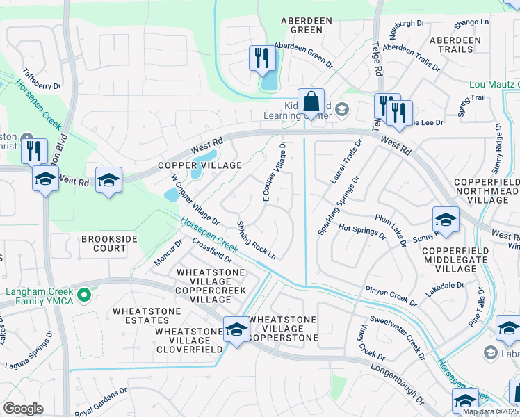 map of restaurants, bars, coffee shops, grocery stores, and more near 8411 East Copper Village Drive in Houston