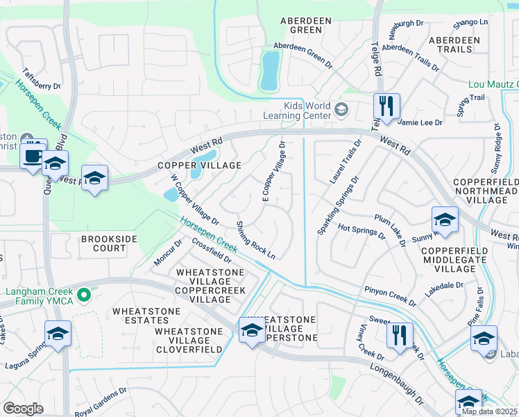 map of restaurants, bars, coffee shops, grocery stores, and more near 8411 East Copper Village Drive in Houston