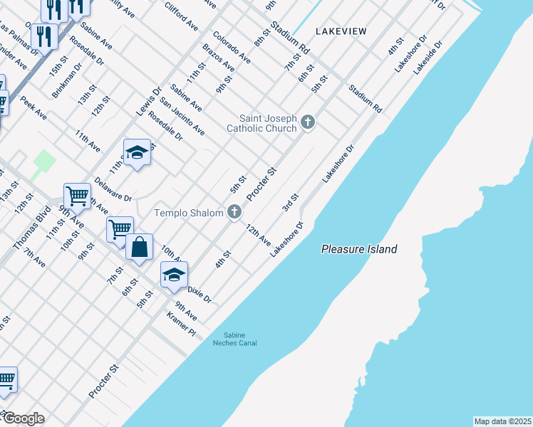 map of restaurants, bars, coffee shops, grocery stores, and more near 4028 4th Street in Port Arthur