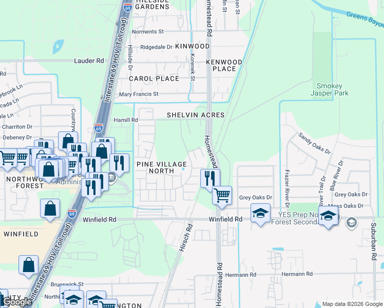 map of restaurants, bars, coffee shops, grocery stores, and more near 5822 Twisted Pine Court in Houston