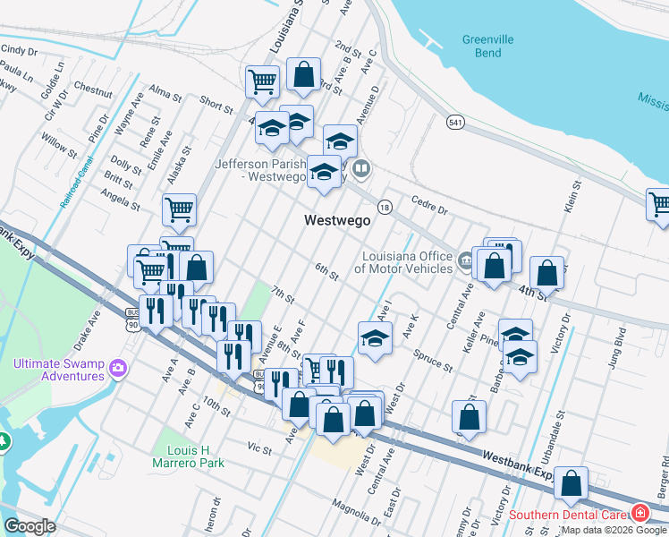 map of restaurants, bars, coffee shops, grocery stores, and more near 653 Avenue F in Westwego