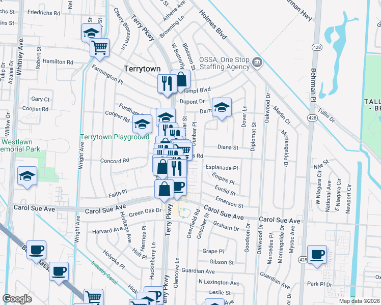 map of restaurants, bars, coffee shops, grocery stores, and more near 552 Dunbar Place in Terrytown