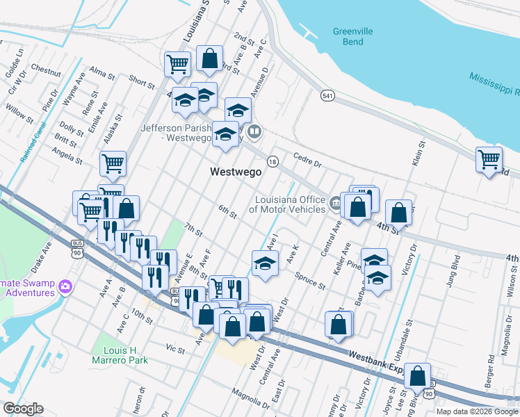 map of restaurants, bars, coffee shops, grocery stores, and more near 624 Avenue H in Westwego