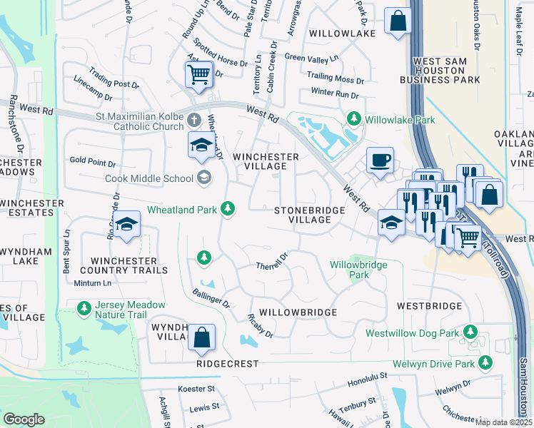 map of restaurants, bars, coffee shops, grocery stores, and more near 9823 Corral Corner Lane in Houston