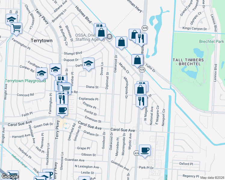 map of restaurants, bars, coffee shops, grocery stores, and more near 588 Oakwood Drive in Terrytown