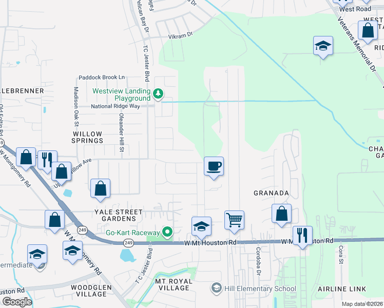 map of restaurants, bars, coffee shops, grocery stores, and more near 2507 Hawthorn Park Court in Houston