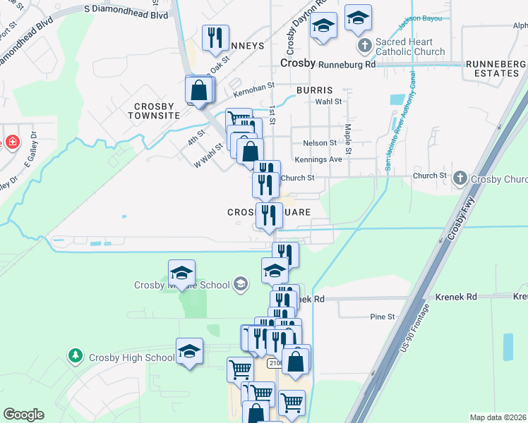 map of restaurants, bars, coffee shops, grocery stores, and more near 15005 Farm to Market 2100 in Crosby