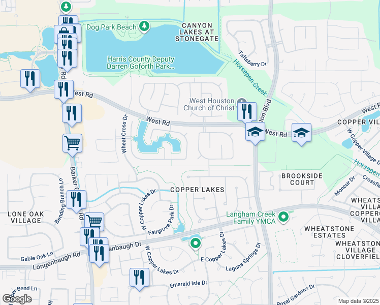 map of restaurants, bars, coffee shops, grocery stores, and more near 8607 Crossriver Lane in Houston