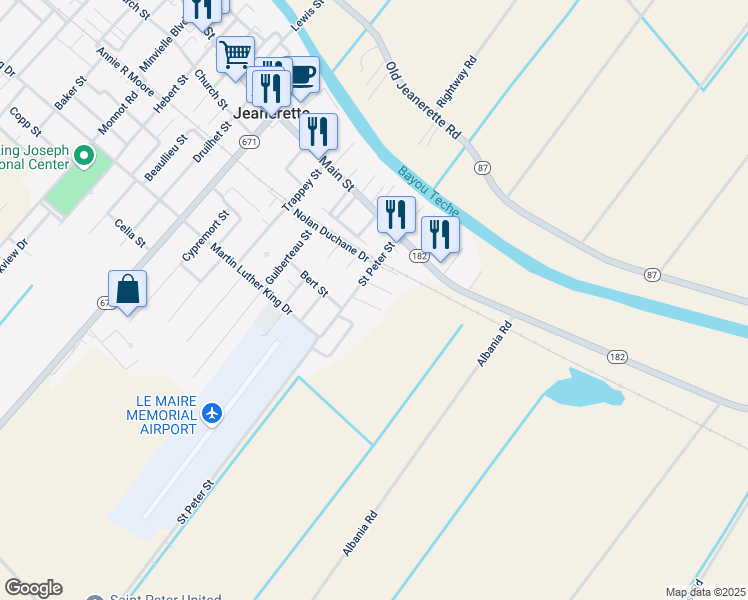 map of restaurants, bars, coffee shops, grocery stores, and more near 101-199 Fortier Lane in Jeanerette