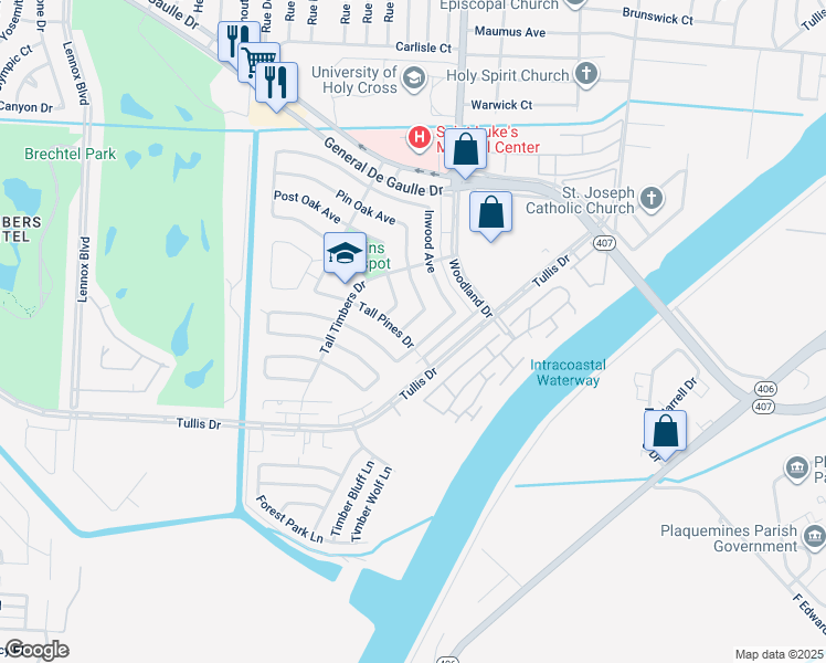 map of restaurants, bars, coffee shops, grocery stores, and more near 3917 Tall Pines Drive in New Orleans