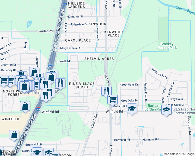 map of restaurants, bars, coffee shops, grocery stores, and more near 5822 Twisted Pine Court in Houston