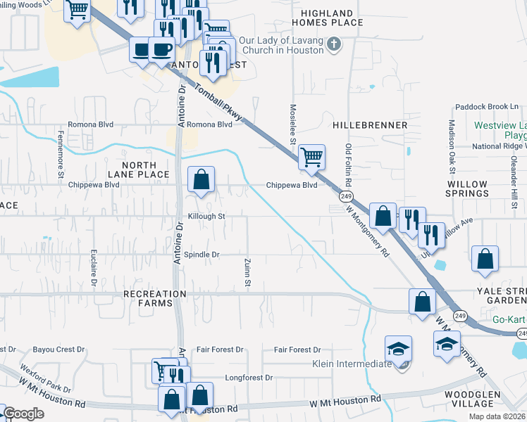 map of restaurants, bars, coffee shops, grocery stores, and more near 5622 Killough Street in Houston