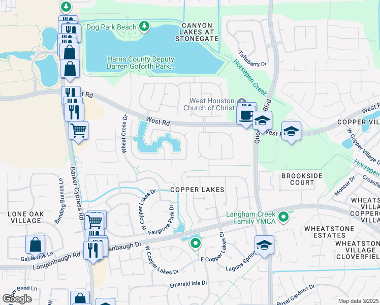 map of restaurants, bars, coffee shops, grocery stores, and more near 8607 Crossriver Lane in Houston