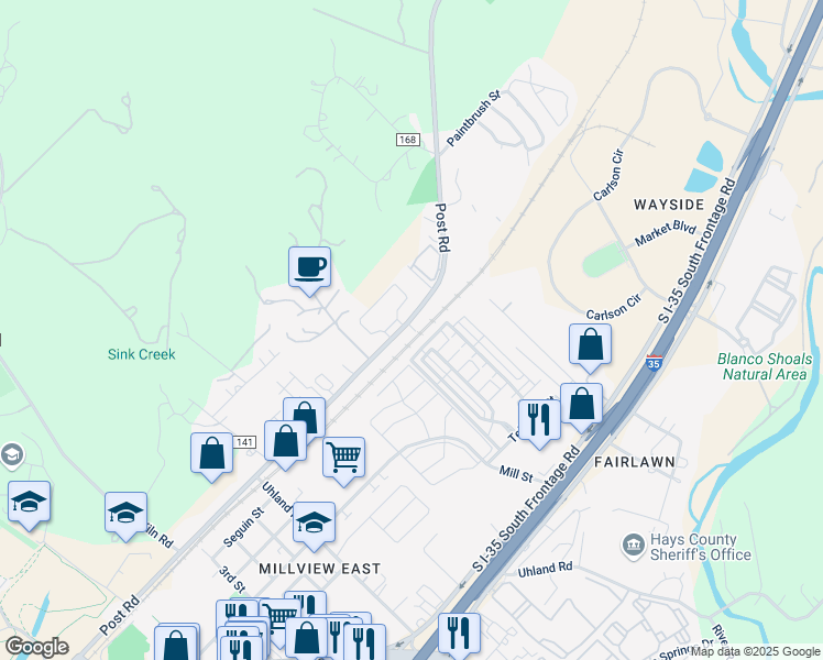 map of restaurants, bars, coffee shops, grocery stores, and more near 1648 Post Road in San Marcos