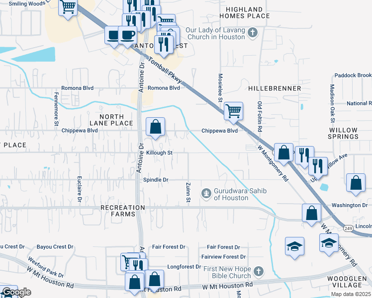 map of restaurants, bars, coffee shops, grocery stores, and more near 5634 Killough Street in Houston