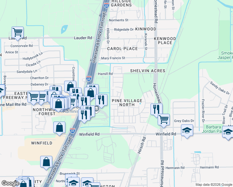 map of restaurants, bars, coffee shops, grocery stores, and more near 12311 West Village Drive in Houston